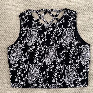 Paisley black and white crop top with cross back